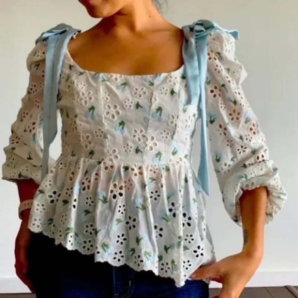 For Love & Lemons Wild Cherry Lg White Blue Eyelet Lace Embroidered Floral Boho